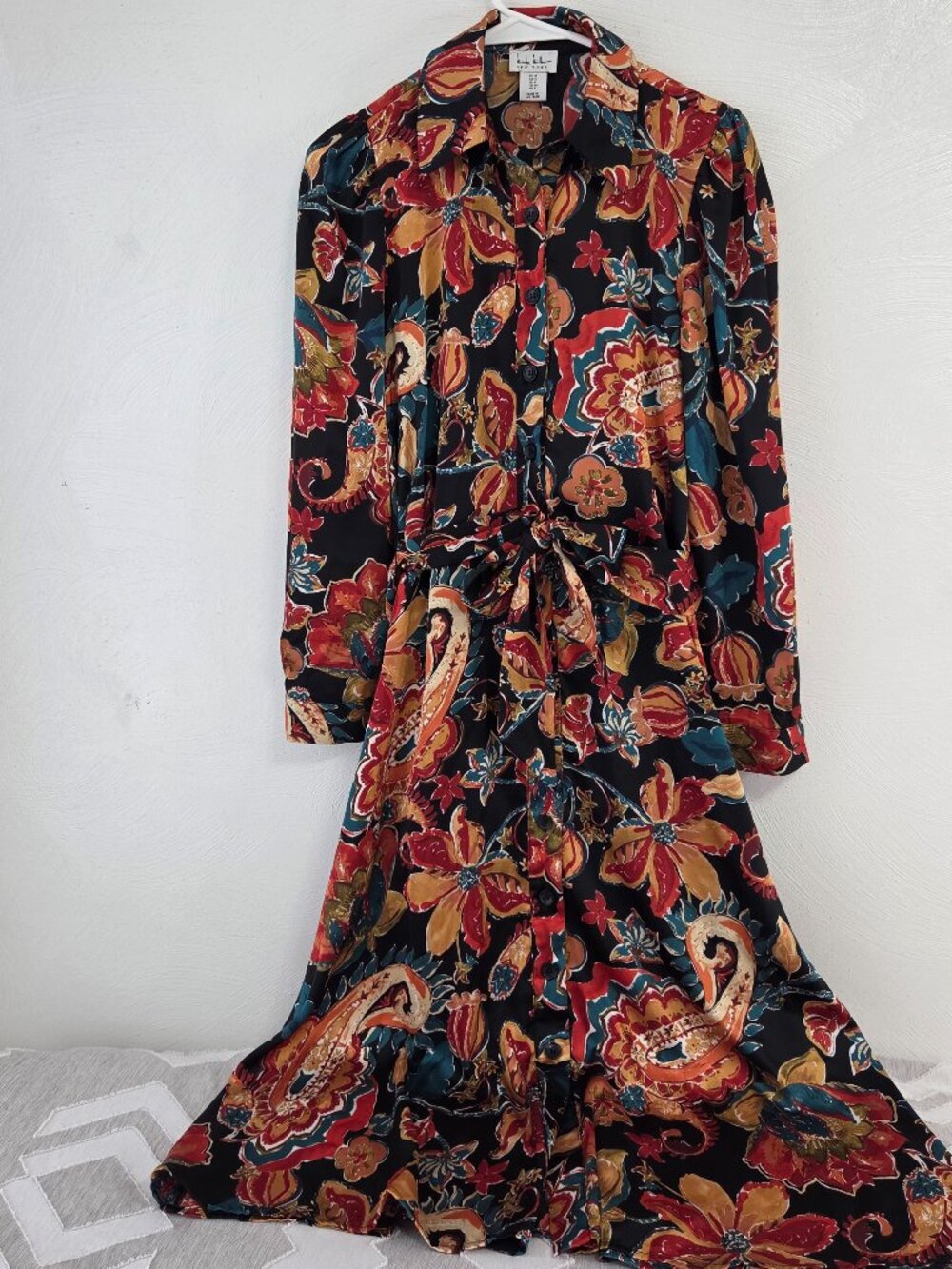 Nicole Miller Black Multi Floral Maxi Shirtdress with Tie Waist 4